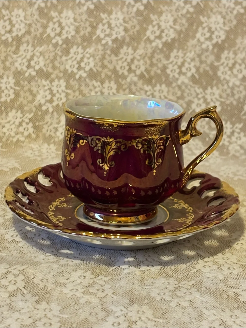 Vintage Ohashi China Burgundy & Gold Teacup & Saucer